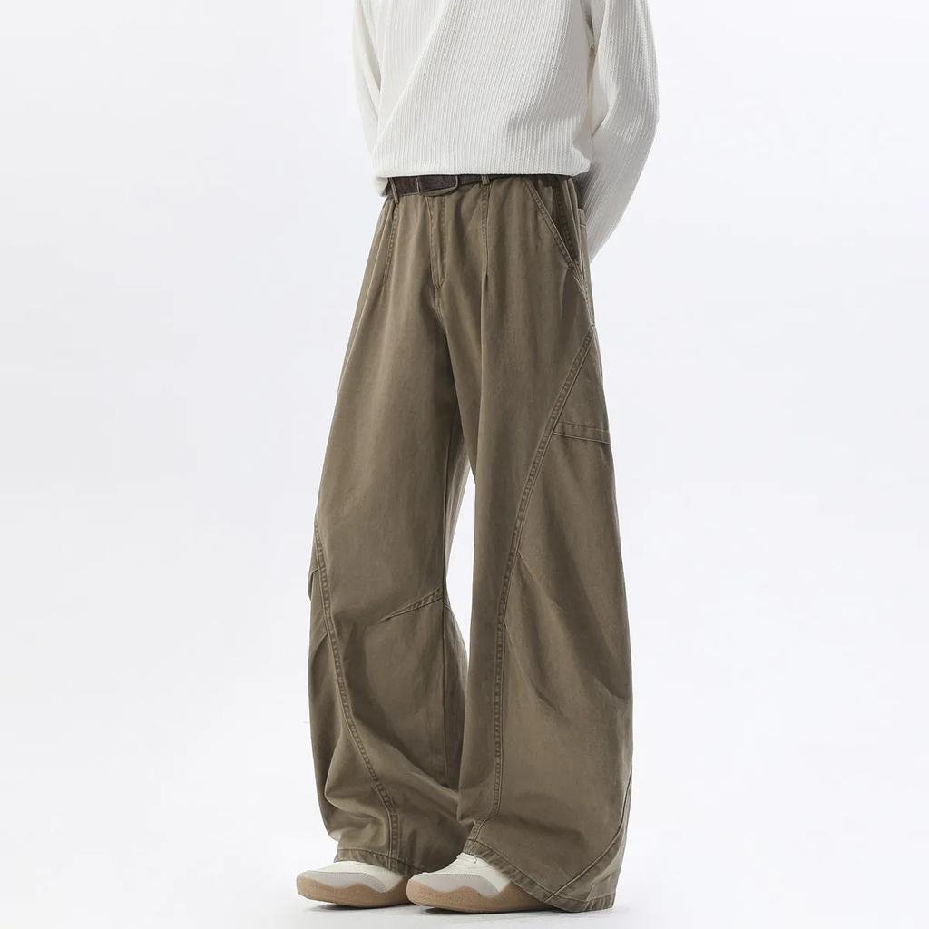 Men Vintage Brown Wide Leg Cargo Pants Men Casual Baggy Trousers Diagonal Stitching Streetwear Fashion Loose Straight Fit Pants