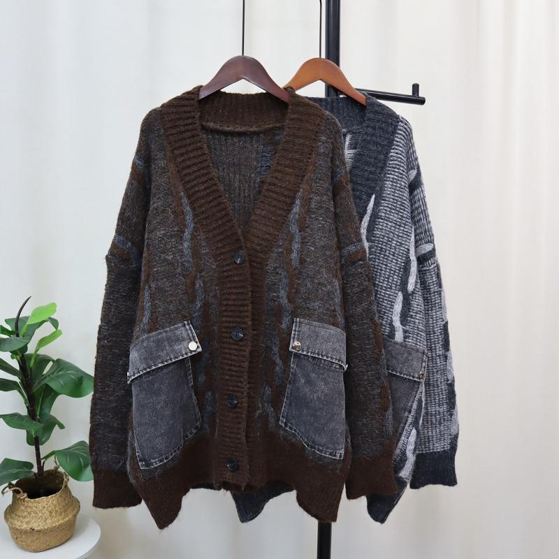 Autumn and Winter Splicing Pocket Denim Knitted Cardigan Women's Loose Lazy Style Versatile Sweater Jacket Thick