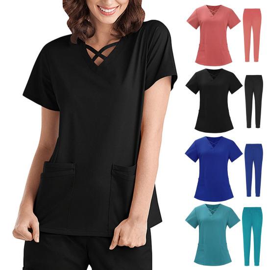2 stk/sett Unisex sykehusuniformsett V-hals kortermede lommer Topper Elastiske midjebuksesett Hurtigtørkende sykehus tannpleie scrubs uniformer