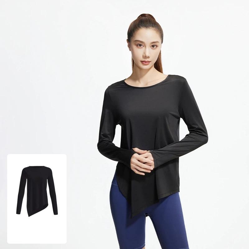 2026 New Summer Ice Silk Long Sleeved Yoga Tops for Women Cool Breathable Loose Slit Yoga Blouses S