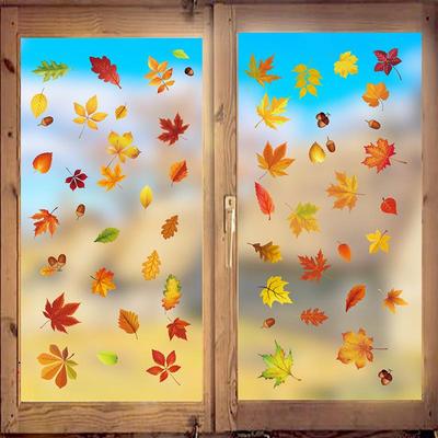Thanksgiving Autumn Leaf & Pumpkin Window Clings: Cute Cartoon Pet Decorations for Glass and Doors