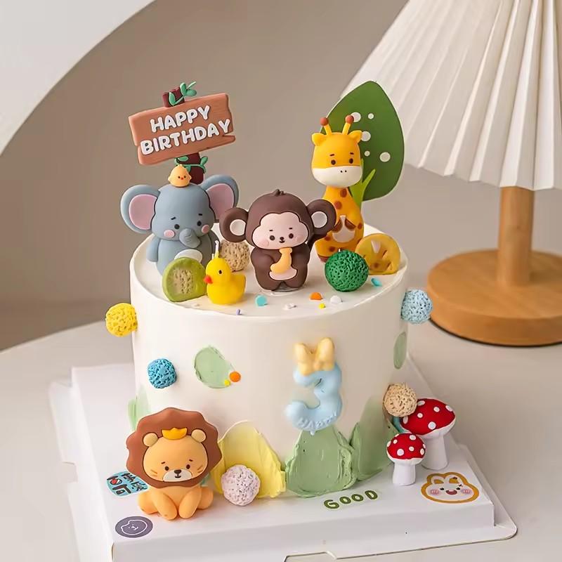 Jungle Zvíře Narozeninový Dort Topper Lesní Zvířata Lev Žirafa Děti Divoký Narozeninová Oslava Dort Dekorace Potřeby Baby Shower