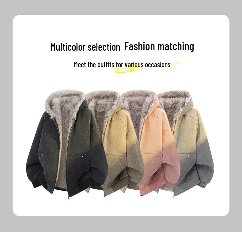 Unisex American Style Mountain Eagle Fur Collar Hooded Winter Coat - Thick Velvet Lined for Warmth and Cold Protection