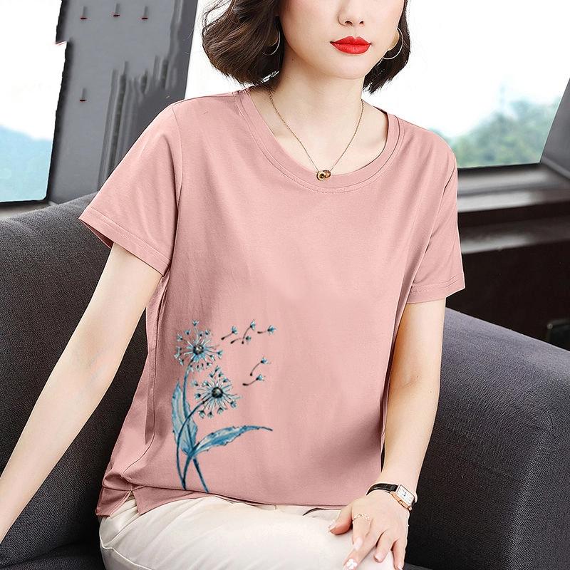 

Футболка из чистого хлопка с короткими рукавами, женская, с круглым вырезом, летняя одежда, топ для женщин среднего возраста, футболка, скрывающая живот 4XL розовый