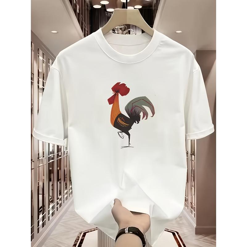 European sizes Loose-Fitting Round-Neck T-Shirt with Rooster Print, Suitable for Everyday Wear, Vacations, And Commuting - Machine Washable