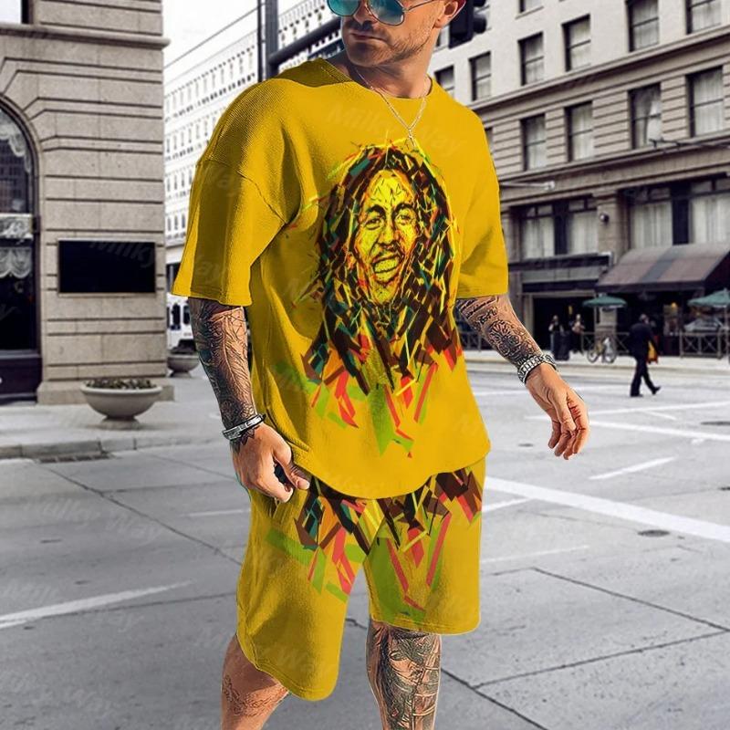

Homens e mulheres Bob Marley Fato de treino impresso 3D, conjuntos de t-shirt e shorts masculinos, roupas masculinas, moda verão, 2 peças XL