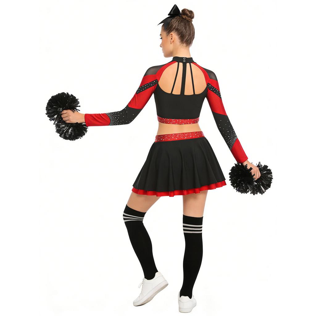 Uniforme Brillante da Cheerleading da Donna Manica Lunga Strass Crop Top Gonna da Pattinaggio