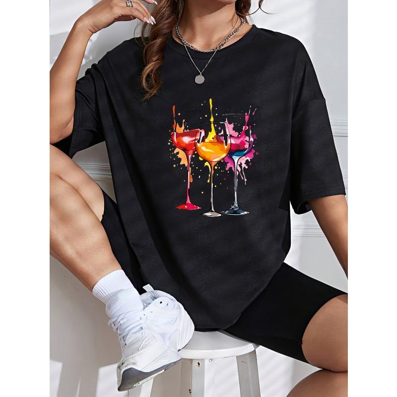 Tricou Alb cu Mânecă Scurtă cu Imprimeu Colorat Pahar de Vin Pentru Ținută Casual