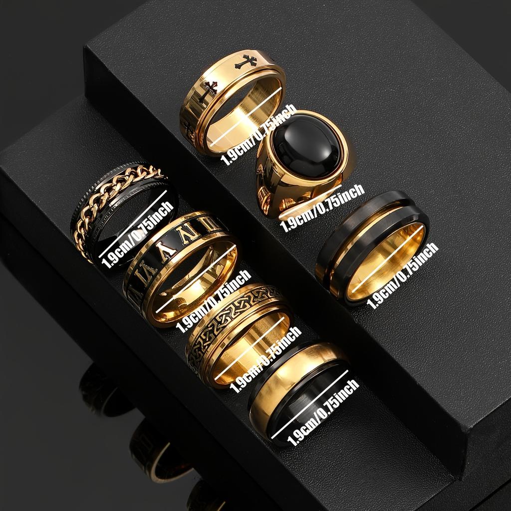 Stainless Steel Casting Natural Stone Ring Seven-piece Set Rotatable Black Oil Ring Men's Jewelry Set