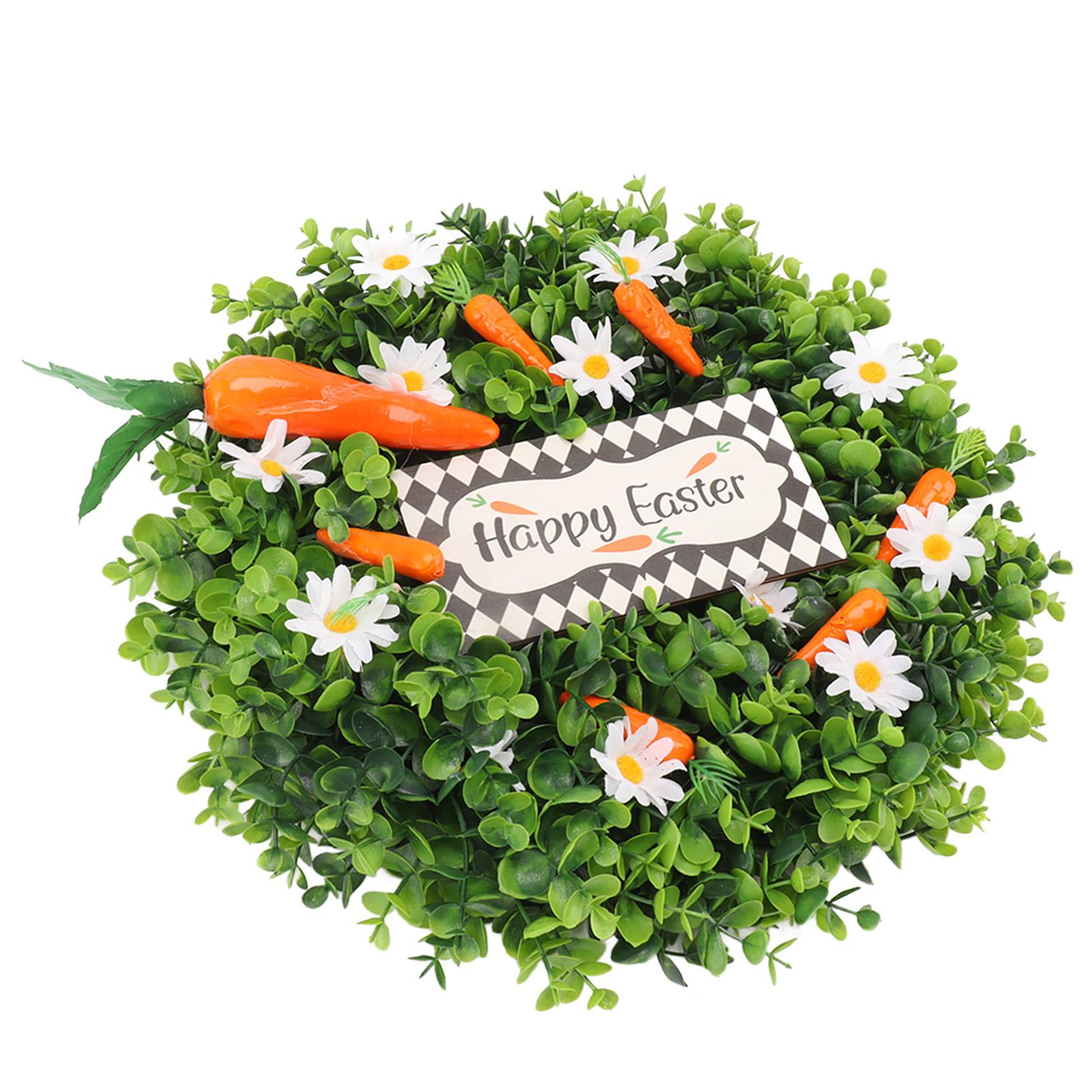 Happy Easter Wreath Lifelike Artificial Carrots Daisies Green Leaves Holiday Wreath Decoration for Front Door Wall