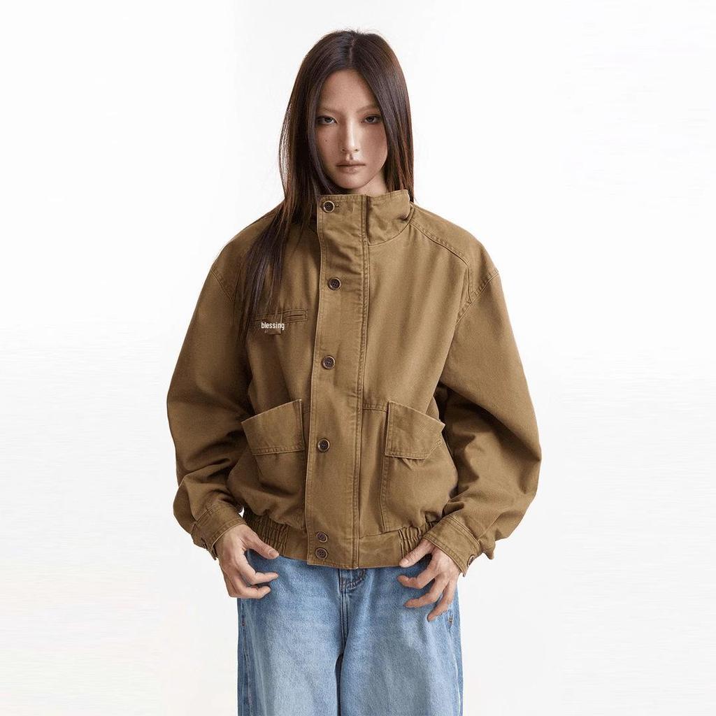 Unisex Retro Distressed Canvas Barn Jacket - Boxy, Stand Collar, Trendy Style