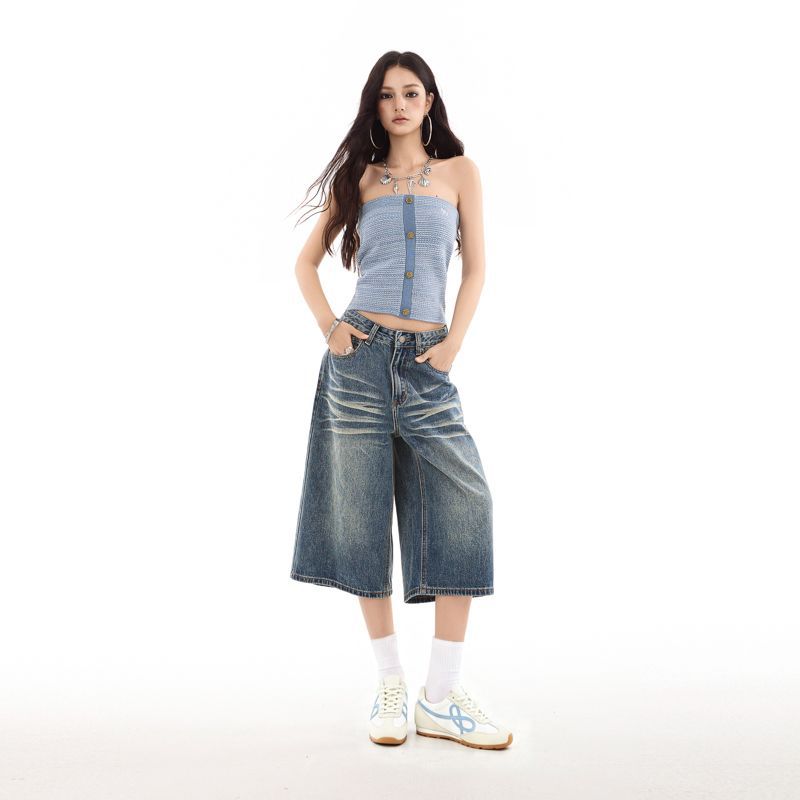 Fashion Summer Vintage Whisker Unisex Streetwear Wide Leg Loose Straight Denim Cropped Capri Pants Trendy Versatile Slimming Couple Outfit