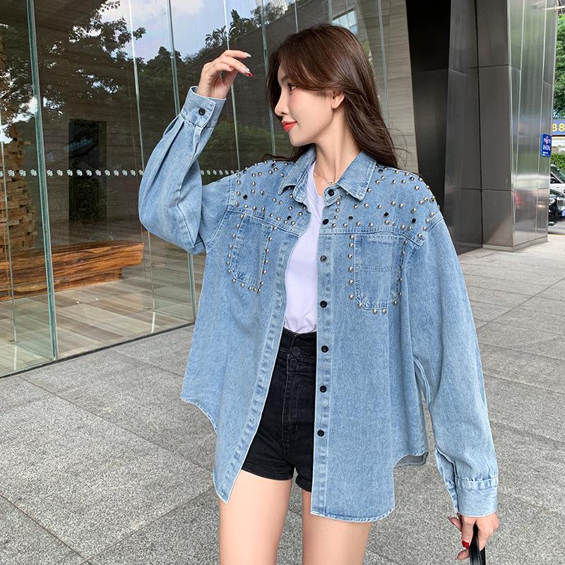 2026 Autumn Women's Korean Style Loose Beaded Denim Jacket Shirt