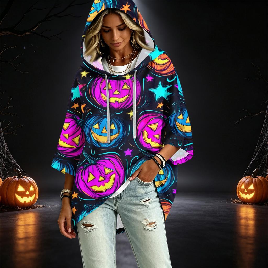 Women's Fashionable Three-Quarter-Sleeve Halloween-Printed Hooded Pullover