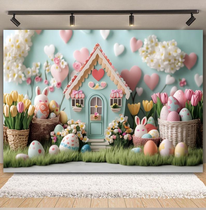 Spring Easter Cottage Colorful Egg Rabbit Photography Background Flower and Tree House Children's Birthday Decoration Backdrop