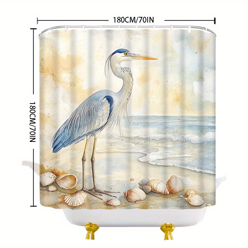 1Pc Polyester Shower Curtain - Realistic Coastal Heron Beach Scene, Soft Pastel Horizon, Machine Washable, Woven, 12 Hooks