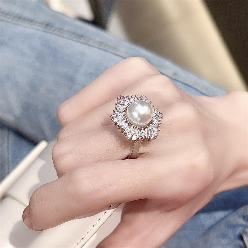 Elegant Pink Zircon Pearl Flower Ring for Women - Versatile and Sweet Gift Adjustable Open Size