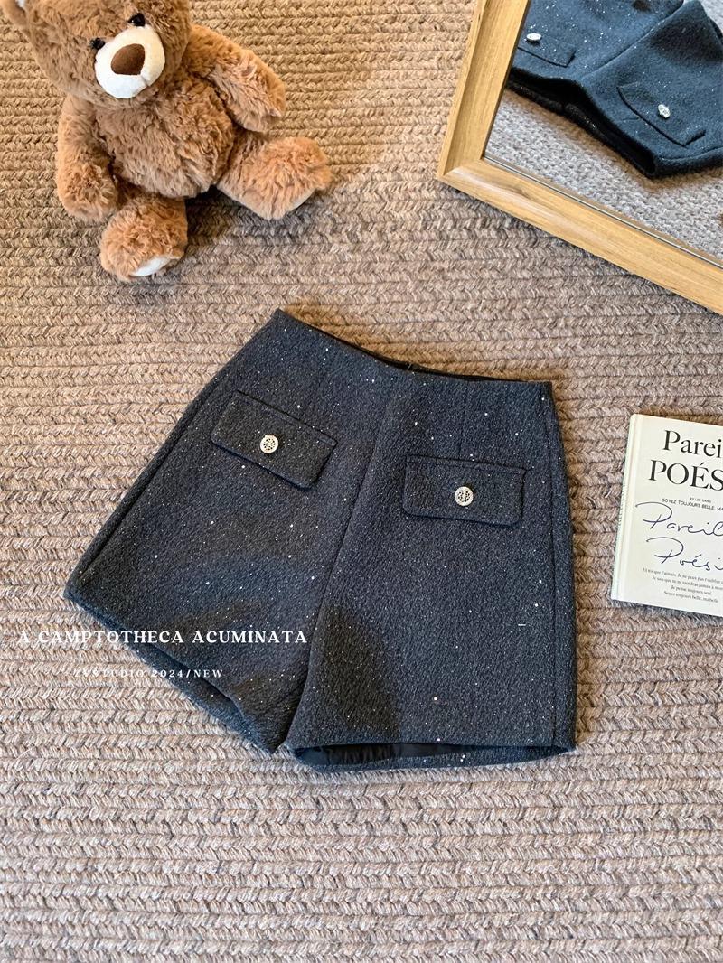 

Женские шорты А-силуэта с высокой талией и пайетками из шерсти - Зимние широкие укороченные буткат 4XL серый