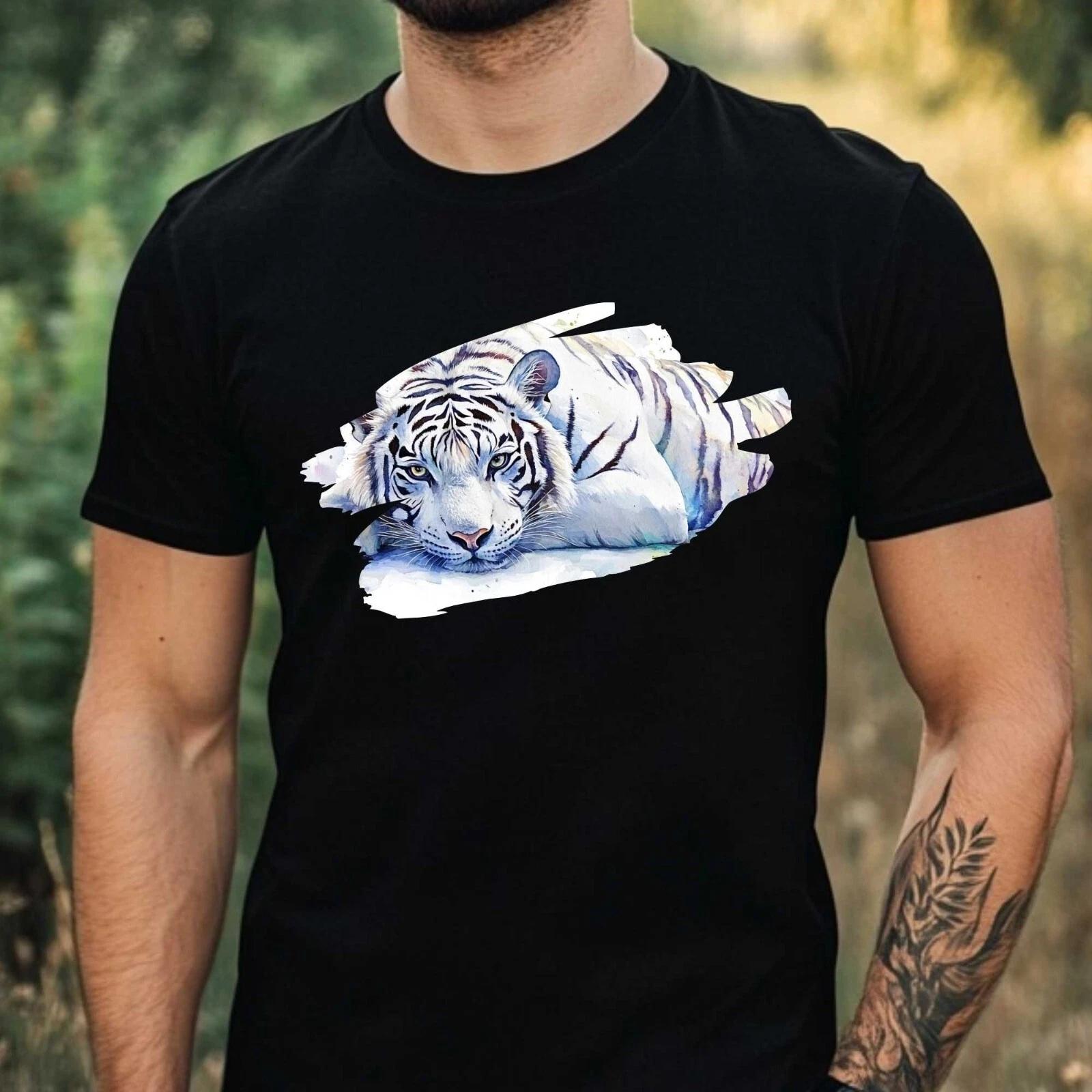 T-Shirt Herren Weißer Tiger Aquarell Motiv Baumwolle Größe XS bis 5XL XXL