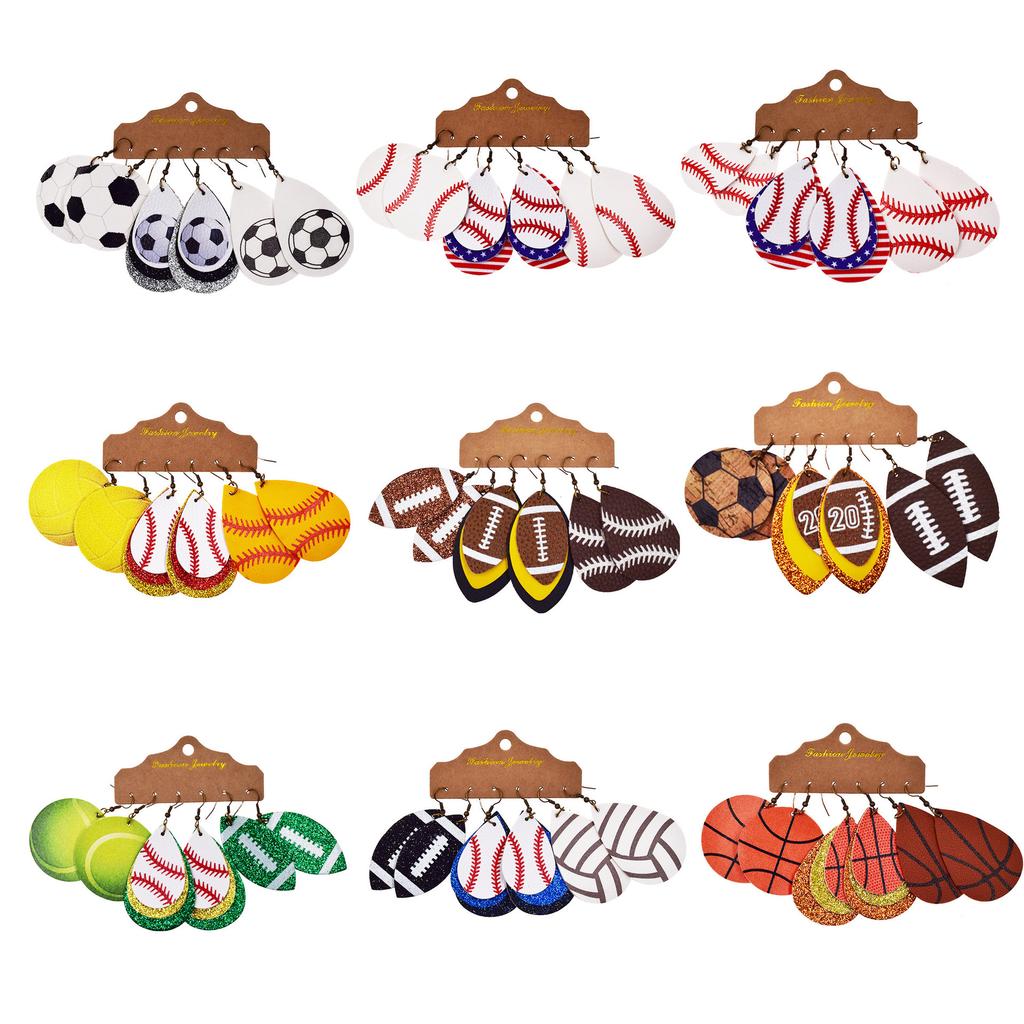 World Cup sports ball drop-shaped leather earrings, basketball, football, rugby, baseball earrings, multi-layered earrings, three pairs in one pack