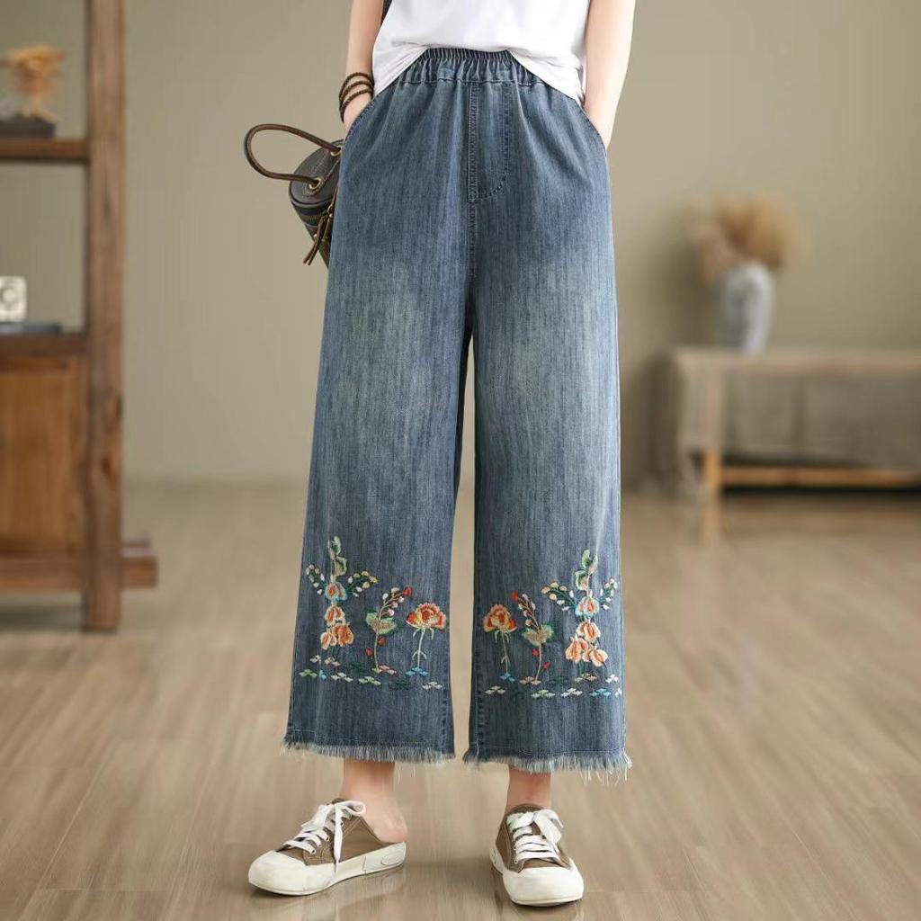 Women's High-Waist Wide-Leg Embroidered Jeans - Loose Fit, Raw Edge, Nine-Point Cotton, Plus Size, Casual Spring/Summer Pants