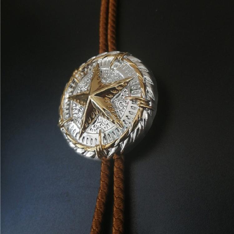 Men and Women Fashion Accessory Leather Cord Bolo Tie with Distinctive Metal Star Badge Pendant Western Necktie Necklace