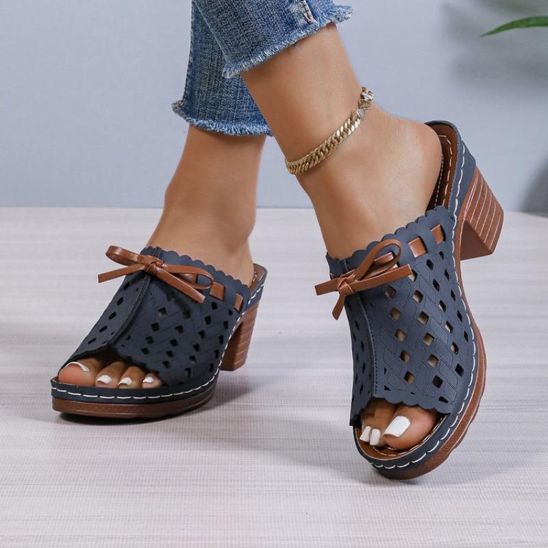 Women's Summer Hollow High-Heel Peep-Toe Chunky-Heel Color-Blocked Slide Sandals, Comfortable Outdoor Footwear, Available In Large Sizes.
