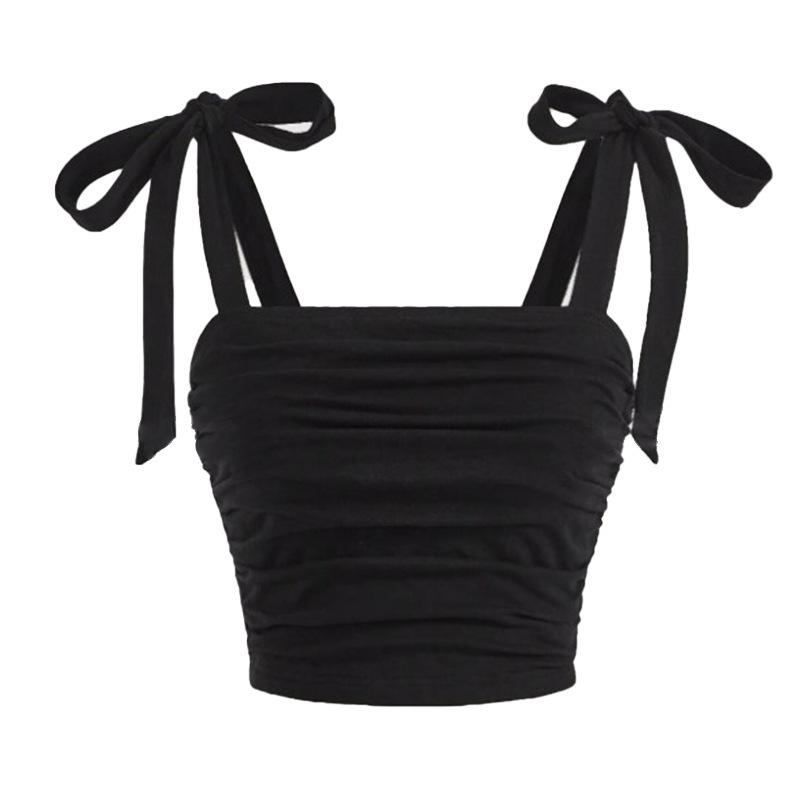 Camisola de mujer con cuello cuadrado sin mangas y tiras de corbata, corte ajustado, estilo callejero, top corto fruncido