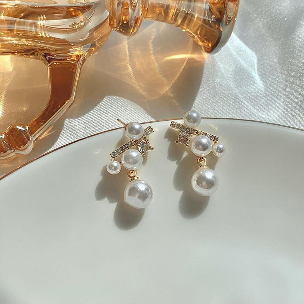 17KM Elegant Artificial Pearl Cross Earrings for Women Korean Gold Zircon Stud Earring Fashion Jewelry Accessories