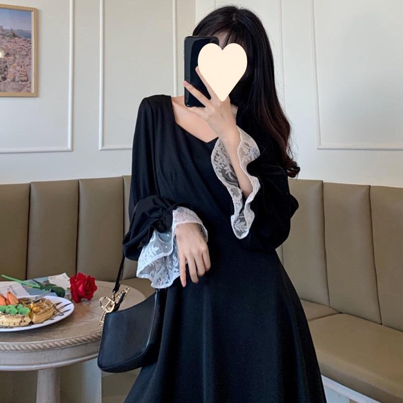 Early Autumn New Women's Fried Street Bow Waist Lace Bubble Sleeve Dress Dress Princess Dress
