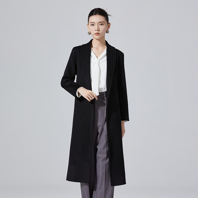 Women's Mid-Length Double-Sided Cashmere Coat - Slim Fit Korean Style Belted Trench, 100% Pure Wool for Autumn and Winter
