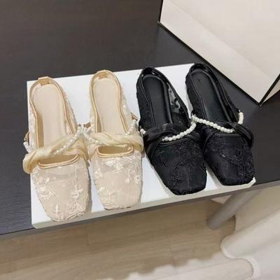 Fashion Fashion Baotou Slippers Summer New Square Toe Shallow Mouth Beaded Soft Sole Non-slip Wear-resistant Flat Shoes