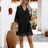 Vestidos femininos de primavera e verão, cor sólida, gola de renda, cintura solta, médio, manga longa, pétala, S-XL