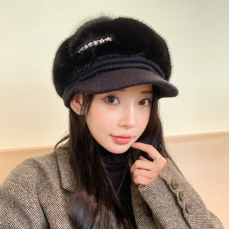 Korean New Autumn and Winter Hat for Women Fashionable and Versatile Rabbit Fur Warm Baseball Cap Cute Winter Fur Ball Cold Hat Thick
