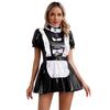 Dámská uniforma pro klubové oblečení Naughty Maid Lesklá lakovaná kůže Cosplay šaty pro služebnou Volány lemovky Mašle Zástěra s nabíraným rukávem A-Line