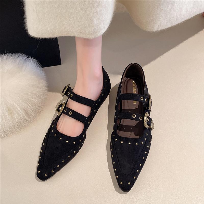 European and American Retro Pointed Flat Bottom Inner Height Increase Soft Leather Mary Jane Shoes Women's Brown Rivets One Word with Shallow Mouth S