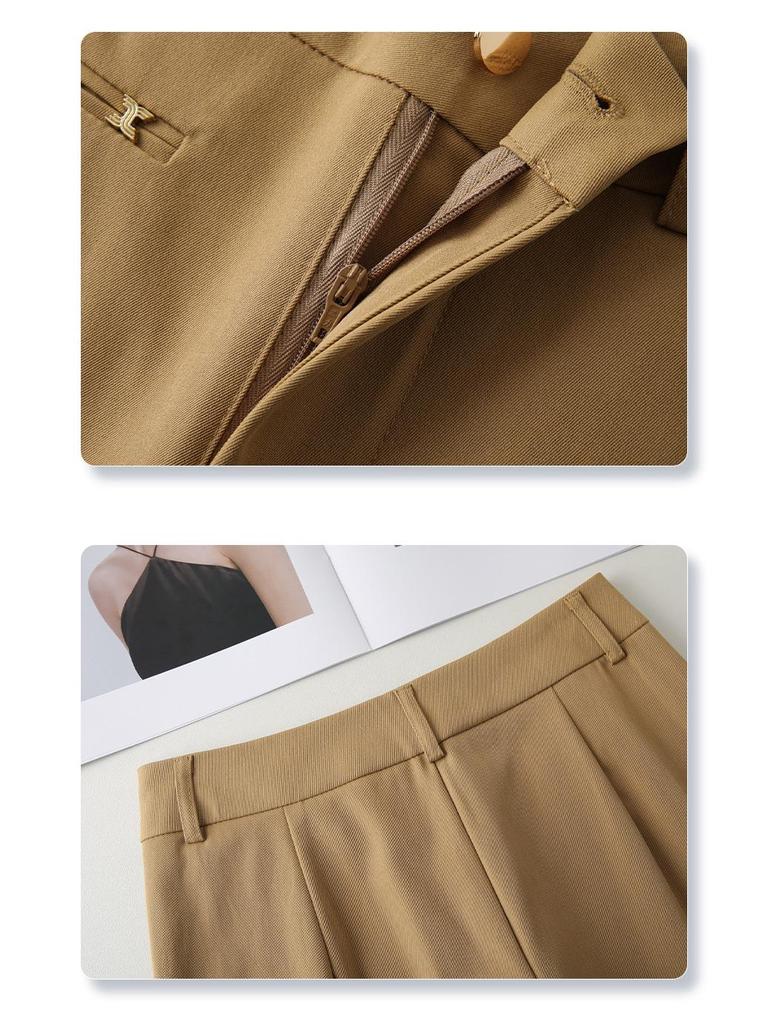 Dámské khaki šortky k obleku: Jaro/Léto 2025 Volné, S vysokým pasem, Zeštíhlující, Rovné-Široké nohavice, Pětičtvrteční kalhoty.