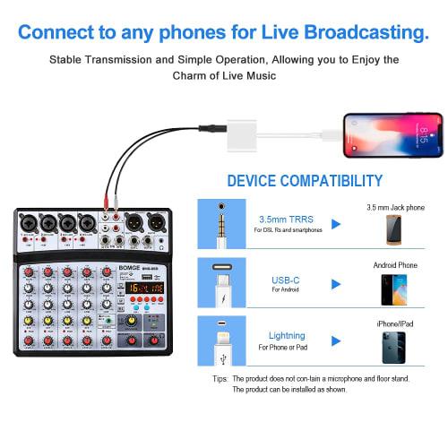 BOMGE 6-Channel DJ Audio Mixer with MP3, USB, Bluetooth, 48V Phantom Power, 5V Power Supply, and 16 DSP Echo Effects for Live Performances, Music, Kar