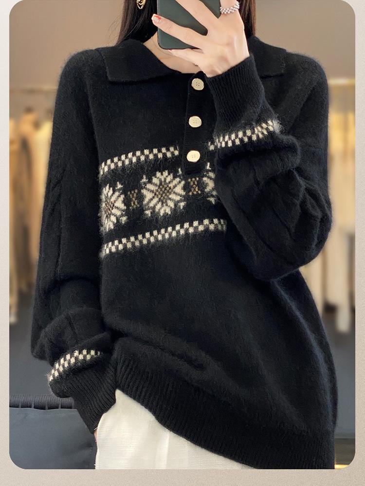 Women's Retro Jacquard Cashmere Sweater - French Lapel, Polo Collar Knit Outerwear for Autumn/Winter
