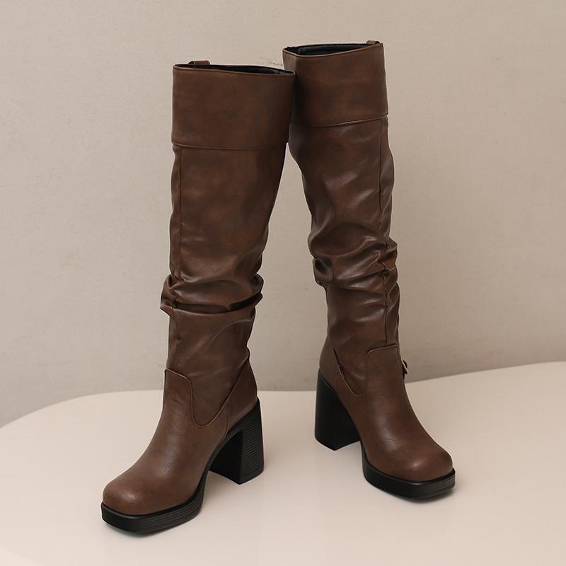 Women's High-heeled Boots Autumn and Winter Thick-heeled Large-size Casual Boots Roman Medium Boots