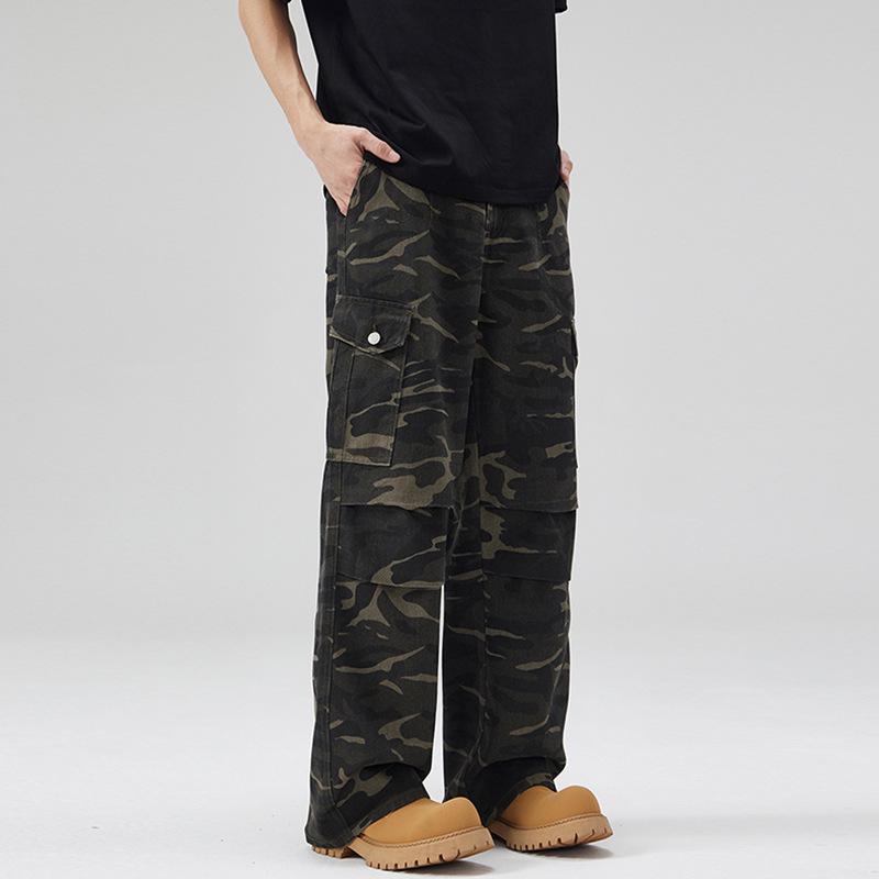 LKTM Unisex American Hip-Hop Camouflage Multi-Pocket Loose Straight Leg Work Pants