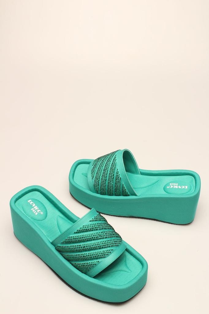 Modische Damen-Slipper aus grünem Satin und Stein