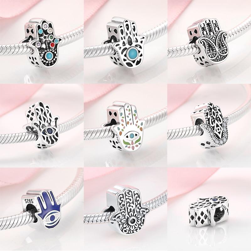 100 %Real 925 Silver Blue Enamel Charm Fatima Hand Beads Diy Jewelry Fit Original Jiuhao Charms Bracelets Fashion