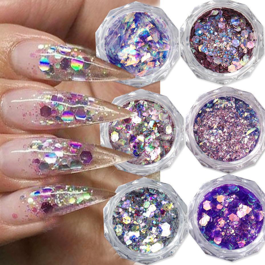 Nail Glitter, Lavender Purple Aurora Opal Sequin Glitter 6-Color Set Nail Glitter