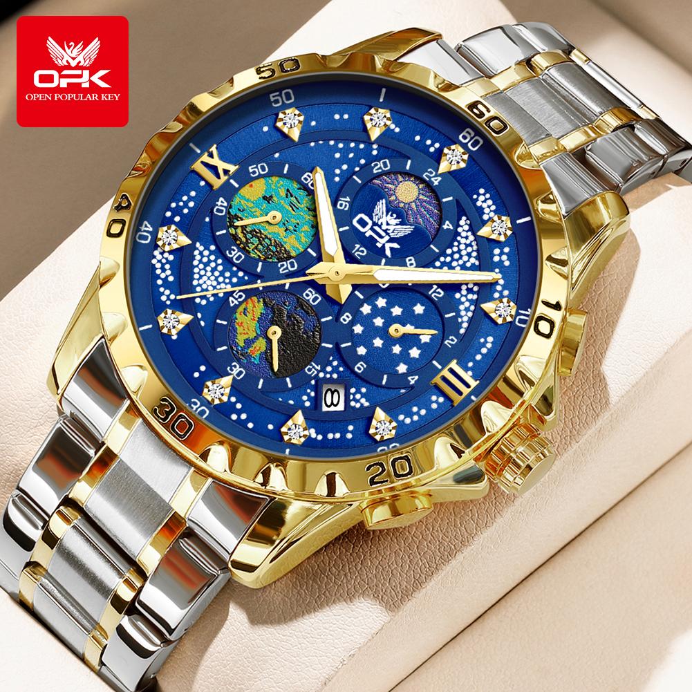 OPK Moon Phase Men's Watches Multi-function Timing Stainleess Steel Luminous Waterproof Watch for Man