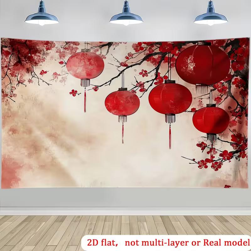 

2D Watercolor Style Red Lantern Plum Blossom Tapestry Backdrop for Home 47.2x31.5inch/120*80cm