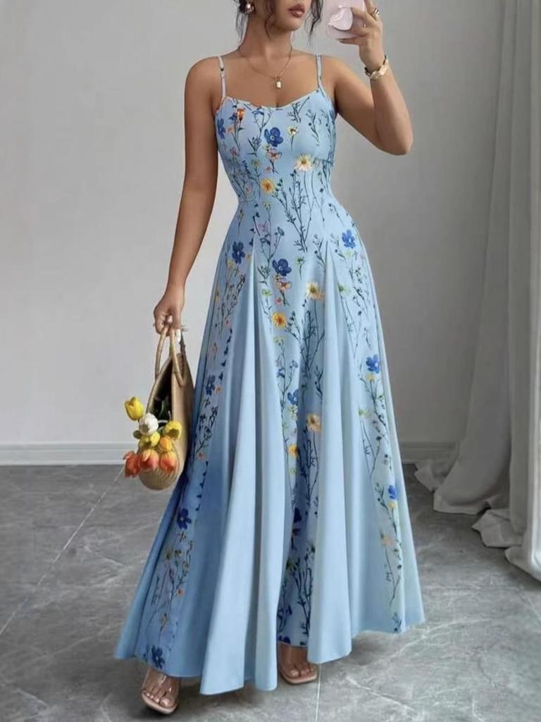 2026 European & American Summer Fashion Spaghetti Strap Print Dress