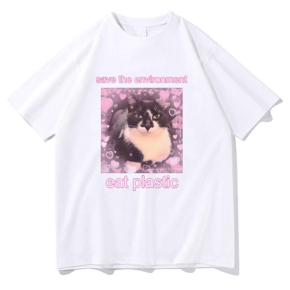 Save The Environment Eat Plastic Meme Cat T-shirts Short Sleeve Summer Cotton Tee-shirt Cartoon Graphic Tees Girls Women Tshirts
