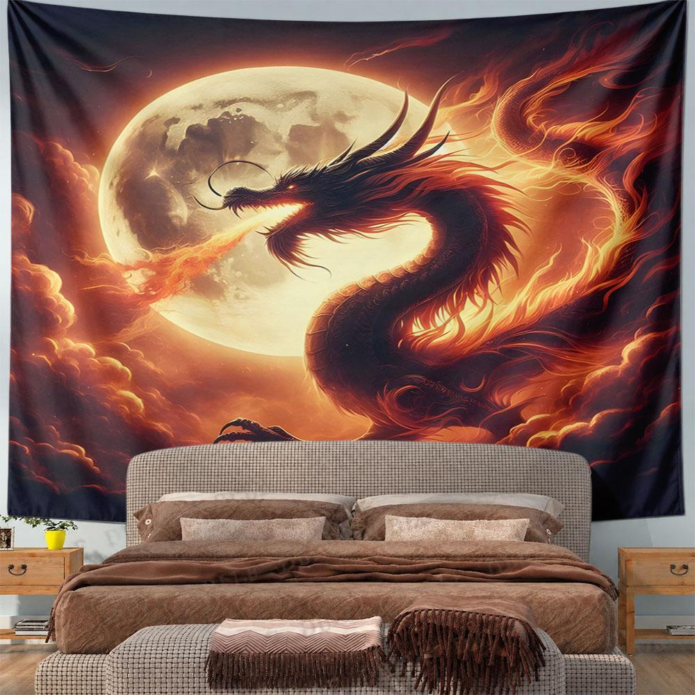 Fiery Dragon with Full Moon Pattern Wall Hanging Tapestry Decorative Tapestry Home Decor for Bedroom and Living Room