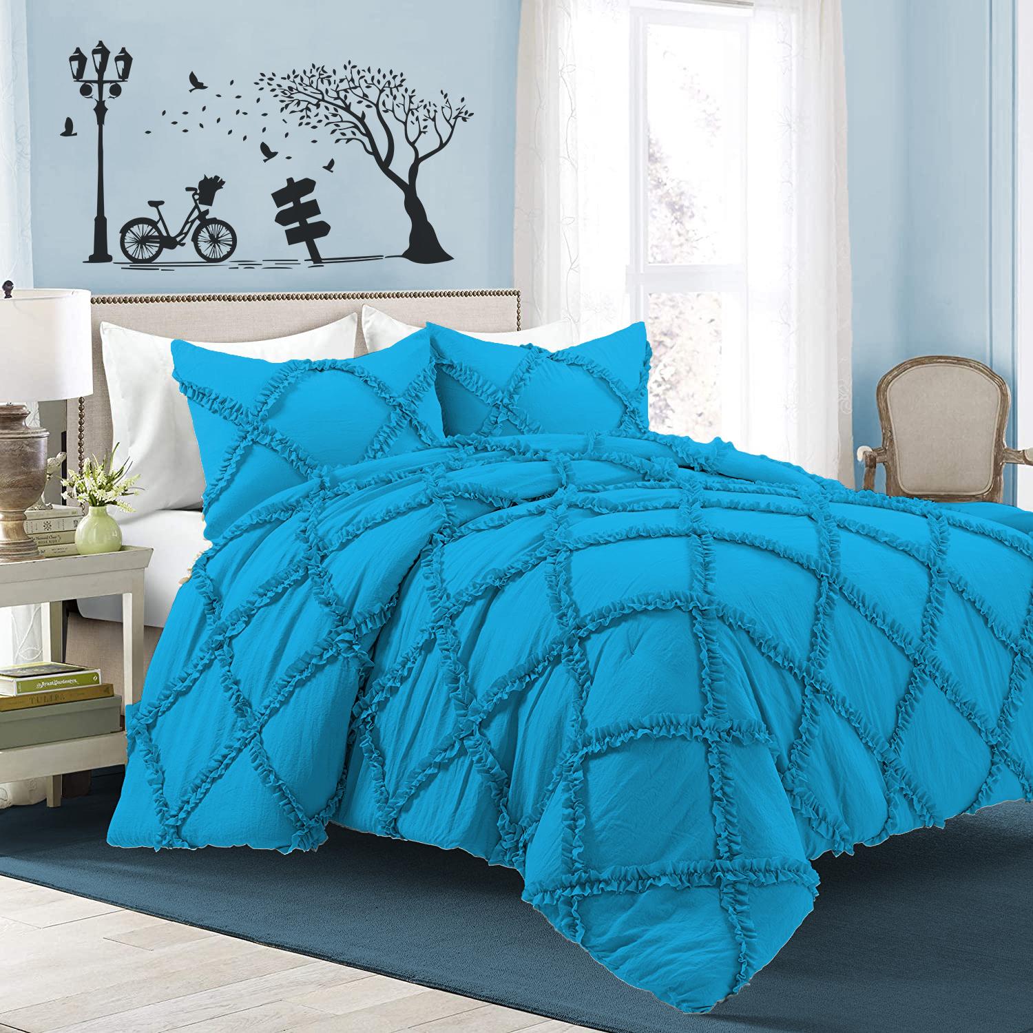 

600TC 3PC Diamond Ruffle Pattern 100% Egyptian Cotton - розкішна фірмова колекція, різні розміри та кольори (1-Підковдра і 2-Подушки) 140x200 CM + 50x75 CM французька синього кольору